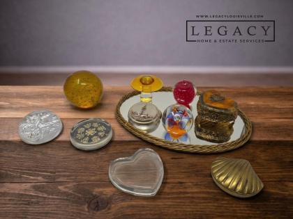 Vintage Vanity Collectibles Paperweights, Music Box, Brass Boxes, Mirror Tray