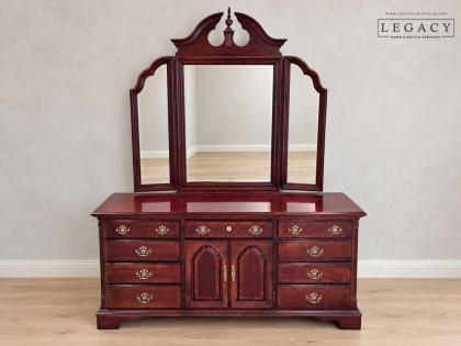 Dark Wood Dresser with Three-Panel Mirror
