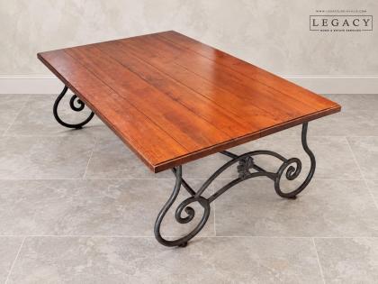 Wood-Top Coffee Table with Scrollwork Metal Base