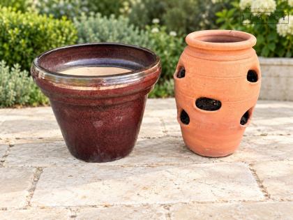 Lot of 2 Terracotta and Glazed Ceramic Garden Planters