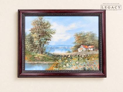 Signed Framed Landscape Painting – Cottage and Lakeside Scene