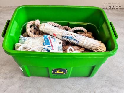 Lot of Assorted Rope Collection in John Deere Tote - Anchor Line, Camp Inn & More