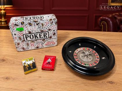 13" Vintage Lowe Roulette Wheel with Poker Tin and Playing Cards