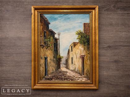 Mediterranean Village Street Scene in Gold Gilt Frame
