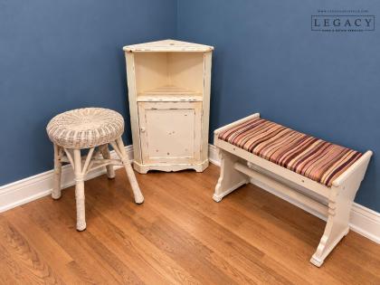 Shabby Chic Corner Cabinet, Upholstered Bench and Wicker Stool