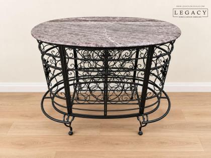 Ornate Wrought Iron and Marble Top Console Bar Cabinet