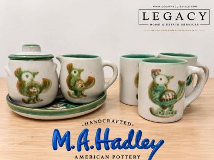 Vintage M.A. Hadley Pottery Hand-Painted Green Rooster Tea Set