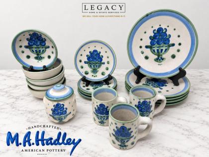 Vintage M.A. Hadley Pottery Hand-Painted Blue Fruit Basket Dinnerware Set