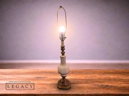 Get Lit Vintage Brass White Ceramic Tall Table Lamp with Candle Column and Harp