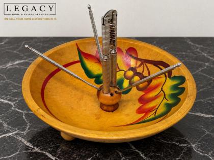 Vintage Hand-Painted Footed Wooden Nut Bowl with Nutcracker & Picks Set