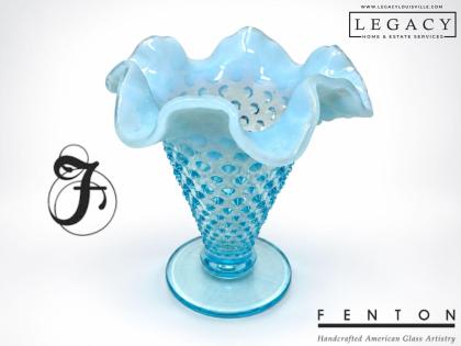 Vintage Fenton French Opalescent Light Blue Hobnail Ruffled Vase