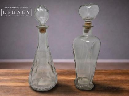 Ready For A Refill Lot of 2 Clear Glass Decanters with Decorative Stoppers
