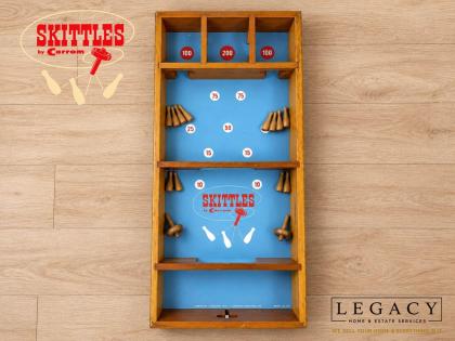 Vintage Carrom Wooden Skittles Game Board & Accessories