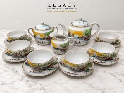 Vintage Hand-Painted Japanese Eggshell Porcelain Teaset with Mount Fuji Landscape