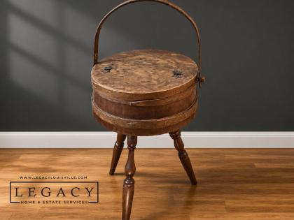 Antique Firkin Sewing Stand on Tripod Legs with Iron Bail Handle Pincushion Lid