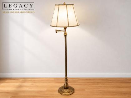 Vintage Brass Swing-Arm Floor Lamp with Fabric Shade