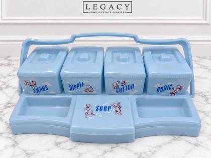 Vintage Light Blue Hard Plastic Baby Nursery Care Organizer Caddy Set
