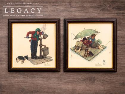 Pair of Framed Norman Rockwell Prints Boys Fishing and Pump