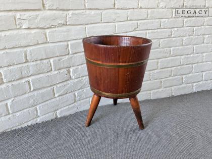 Antique Brass-Banded Oak Barrel Planter on Tripod Legs