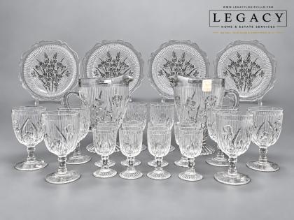 Vintage Pressed Glass Iris Pattern Set: 2 Pitchers, 16 Goblets & 4 Plates