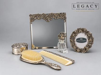 Royal Gallery Collections Antique Rose Vanity Set 6-Piece Silver Tone Complete in Box