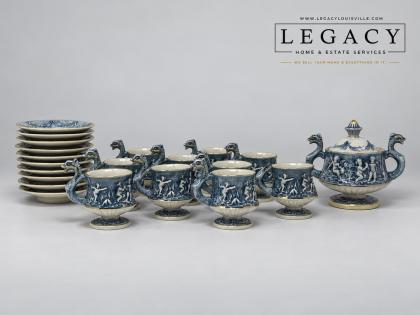 R. Capodimonte Italy Blue & White Cherub Dragon Handle Demitasse Set