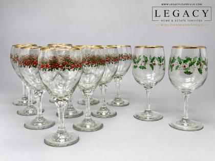 Christmas Holly Wine Glasses -- Two Styles of Gold Rim Festive Stemware