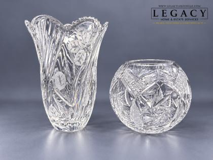 Cut Crystal Vases - Polish 24% Lead Crystal Fluted Vase & Globe Rose Bowl