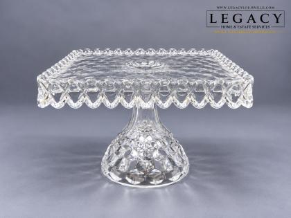 Vintage Pressed Glass Square Pedestal Cake Stand - Hobnail Edge Diamond Pattern