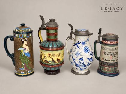 Four Decorative Lidded Steins and Pitchers
