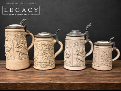 Lot of 4 Antique German Salt Glazed Stoneware Beer Steins with Pewter Lids