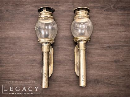 Pair of A Butin Paris EST Nickel Carriage Lamps with Etched Globe Shades
