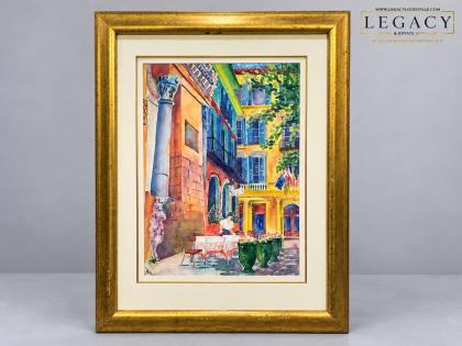 Signed V.S. Ferguson Watercolor European Cafe Street Scene Gold Gilt Frame