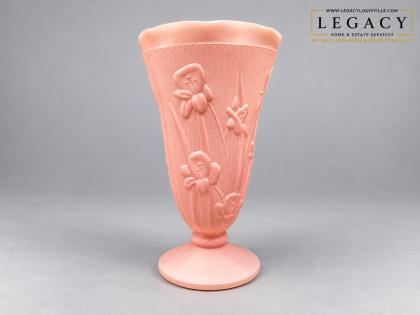 Pink Satin Milk Glass Footed Vase Embossed Floral Poppy Design 9 Inch