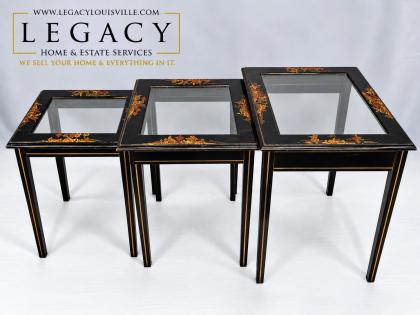 Set of 3 Black Lacquer Chinoiserie Nesting Tables with Glass Tops