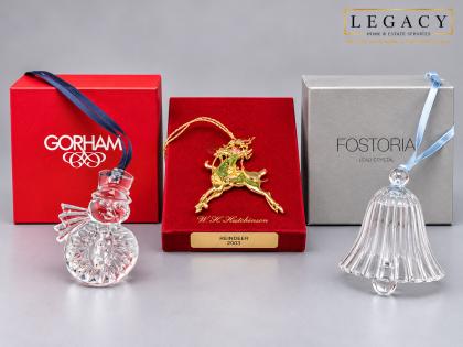 Lot of 3 Vintage Christmas Ornaments Gorham Crystal, Fostoria Lead Crystal & 24kt Gold Reindeer