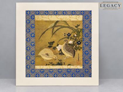 Antique Japanese Silk Painting Quail & Flowers Brocade Mount Signed