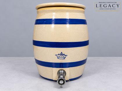 Antique 2-Gallon Stoneware Water Cooler Crock Blue Band Crown Mark w/ Spigot