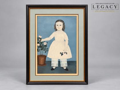 Framed American Folk Art Portrait Print Girl with Roses