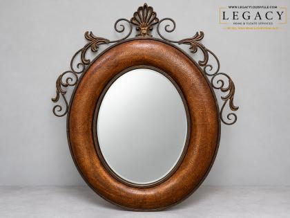 Three Hands Corp Oval Wall Mirror Leather Wrap Iron Scrollwork Shell Crest