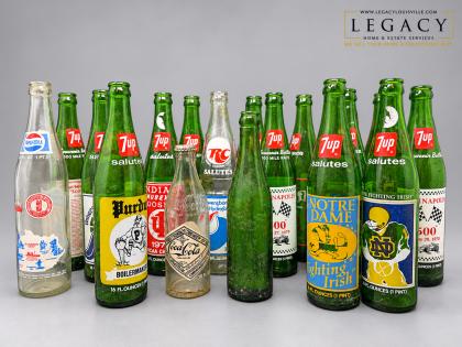 Lot of 20+ Vintage Soda Bottles 7Up Pepsi RC Cola Indy 500 Notre Dame Purdue