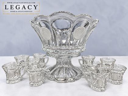 American Coin Glass Punch Bowl Set with 10 Cups Liberty Bell Eagle