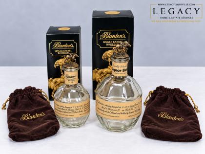 Lot of 2 Blanton's Single Barrel Bourbon Empty Decanters w/ Stoppers, Boxes & Bags